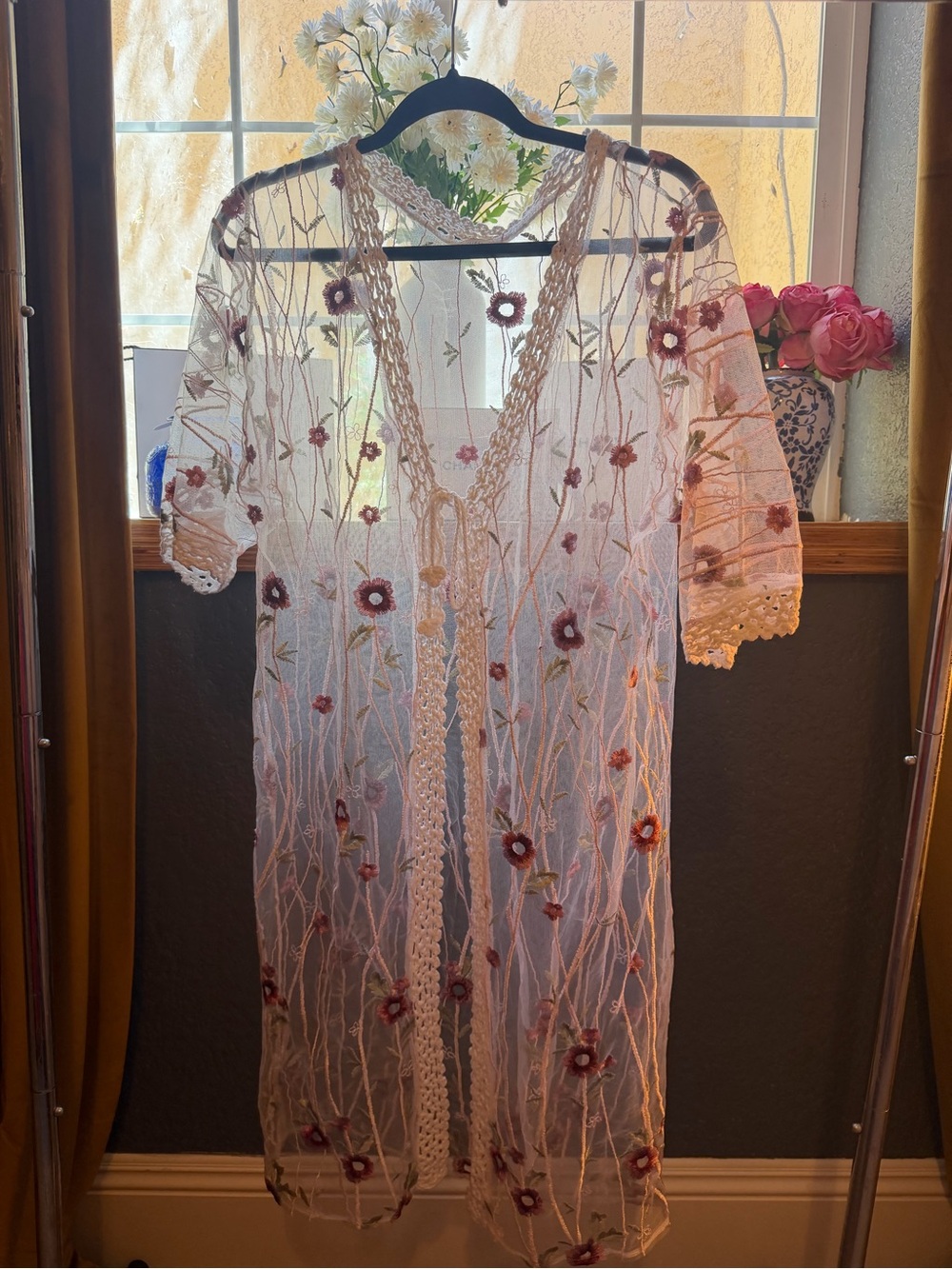 Cupshe Sheer Floral Embroidered Swim Coverup in White with Pink Flowers